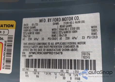 2023 Ford Bronco Sport Outer Banks z USA, uszkodzony, nr VIN 3FMCR9C68PRD15478